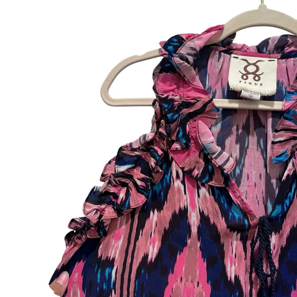 Figue Fabiana Ikat Ruffles Sleeveless Tassel Top Blouse Pink Blue Size L - Picture 6 of 10
